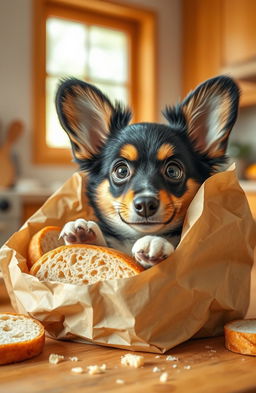 A cute black and brown corgi playfully nestled inside an open bread package, surrounded by fluffy slices of bread