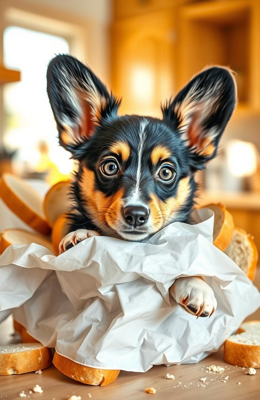 A cute black and brown corgi playfully nestled inside an open bread package, surrounded by fluffy slices of bread