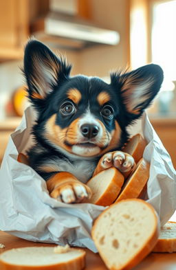A cute black and brown corgi playfully nestled inside an open bread package, surrounded by fluffy slices of bread