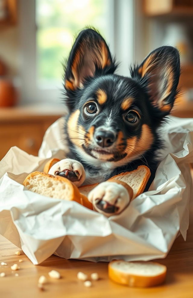 A cute black and brown corgi playfully nestled inside an open bread package, surrounded by fluffy slices of bread