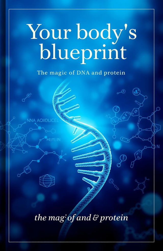 A book cover featuring the title 'Your body's blueprint: the magic of DNA and protein' elegantly displayed at the top center