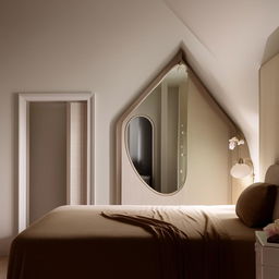 A cozy bedroom design featuring a towering headboard reaching the ceiling, a side bedside shelf with an elegant mirror backdrop, and a soft light hanging strategically for illumination.