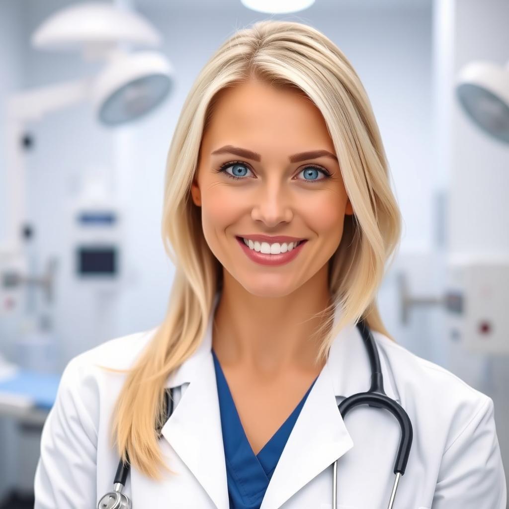 A 39-year-old woman with Scandinavian features, showcasing her light blonde hair and bright blue eyes, dressed in professional medical attire