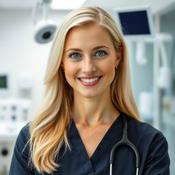 A 39-year-old woman with Scandinavian features, showcasing her light blonde hair and bright blue eyes, dressed in professional medical attire