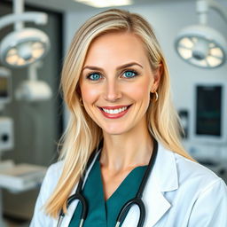 A 39-year-old woman with Scandinavian features, showcasing her light blonde hair and bright blue eyes, dressed in professional medical attire