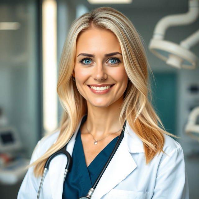 A 39-year-old woman with Scandinavian features, showcasing her light blonde hair and bright blue eyes, dressed in professional medical attire