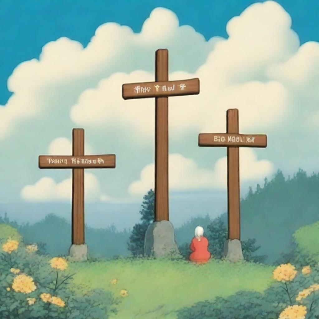 An image of three crosses, each crafted meticulously in the style of Studio Ghibli