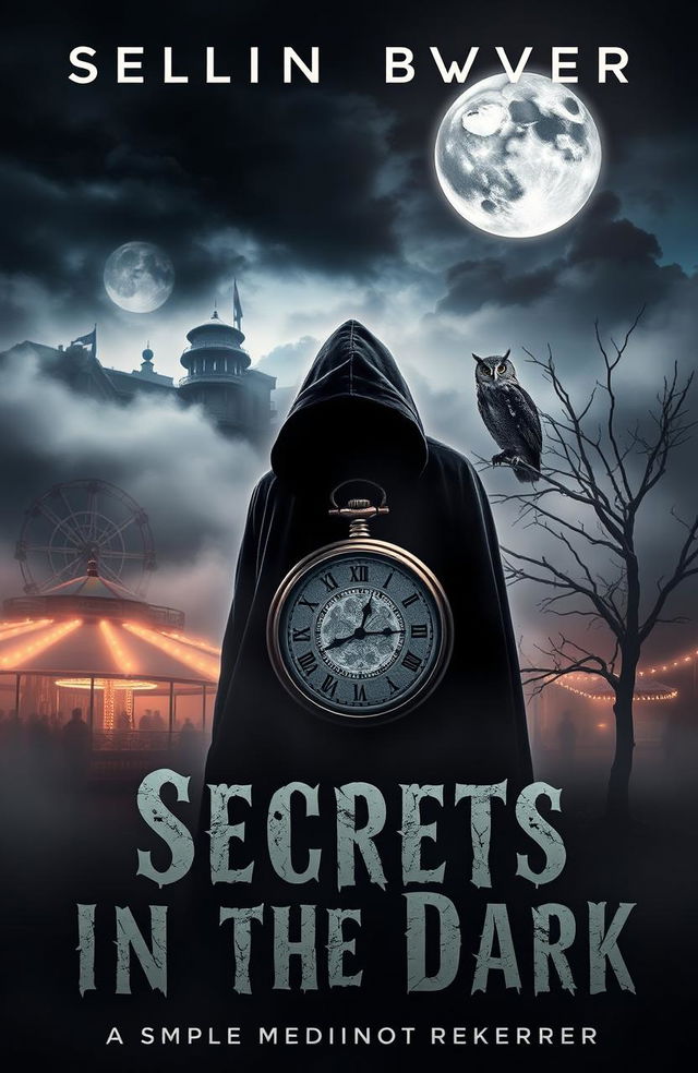 A thrilling book cover for a mystery novel titled 'Secrets in the Dark