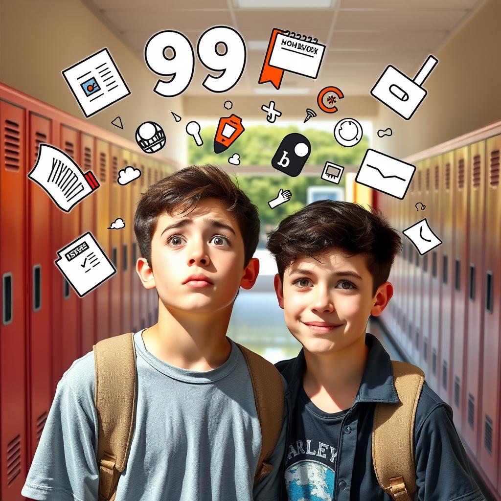 A teenage boy looking stressed and overwhelmed, surrounded by a visual representation of his 99 problems, like floating icons symbolizing homework, sports, friendship issues, social media notifications, and chores