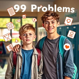 A teenage boy looking stressed and overwhelmed, surrounded by a visual representation of his 99 problems, like floating icons symbolizing homework, sports, friendship issues, social media notifications, and chores