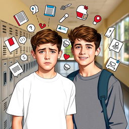 A teenage boy looking stressed and overwhelmed, surrounded by a visual representation of his 99 problems, like floating icons symbolizing homework, sports, friendship issues, social media notifications, and chores