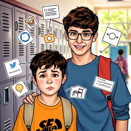A teenage boy looking stressed and overwhelmed, surrounded by a visual representation of his 99 problems, like floating icons symbolizing homework, sports, friendship issues, social media notifications, and chores