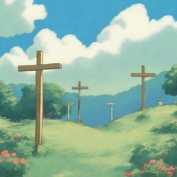 An image of three crosses, each crafted meticulously in the style of Studio Ghibli