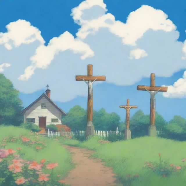 An image of three crosses, each crafted meticulously in the style of Studio Ghibli