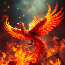 A majestic phoenix rising from flames, surrounded by vibrant fire and colorful sparks