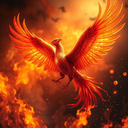 A majestic phoenix rising from flames, surrounded by vibrant fire and colorful sparks