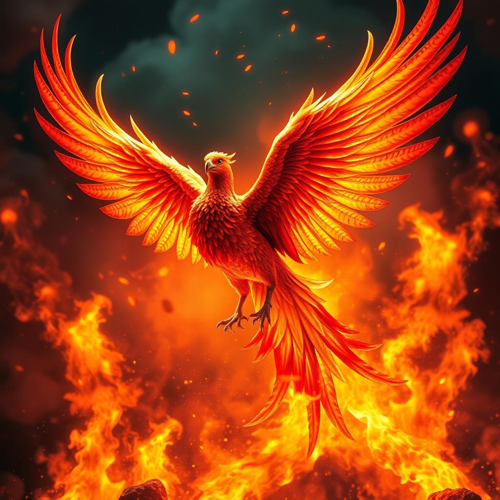 A majestic phoenix rising from flames, surrounded by vibrant fire and colorful sparks