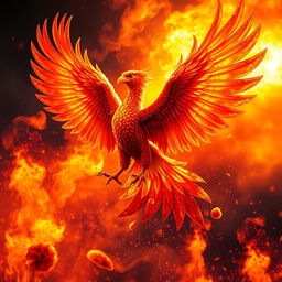 A majestic phoenix rising from flames, surrounded by vibrant fire and colorful sparks