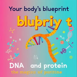 A cartoon-style book cover featuring the title 'Your body's blueprint: the magic of DNA and protein' prominently displayed at the top center