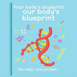 A cartoon-style book cover featuring the title 'Your body's blueprint: the magic of DNA and protein' prominently displayed at the top center