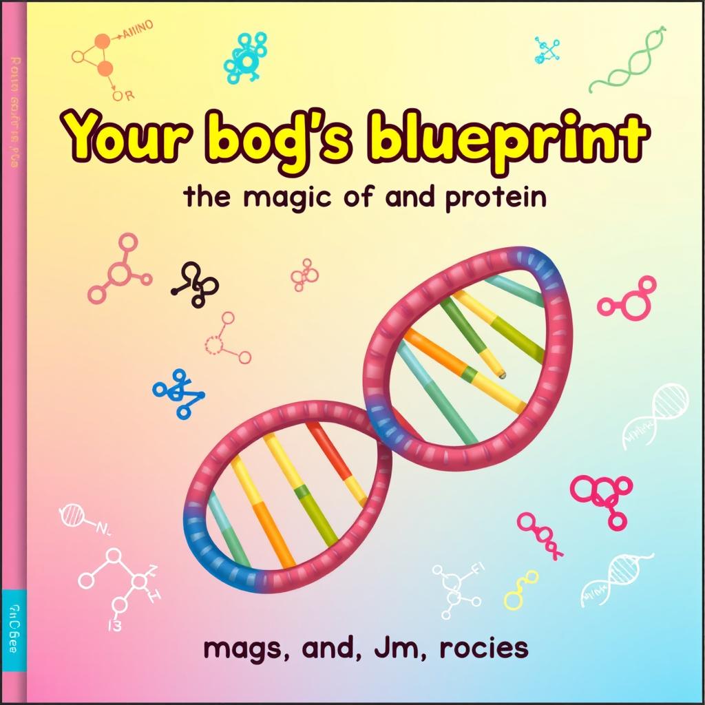 A cartoon-style book cover featuring the title 'Your body's blueprint: the magic of DNA and protein' prominently displayed at the top center