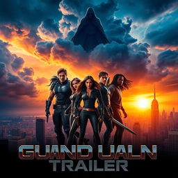 A cinematic movie poster displaying a thrilling trailer scene, featuring a famous city skyline at sunset