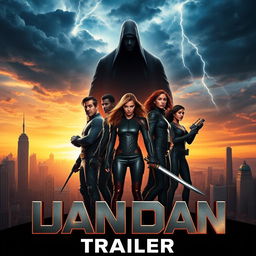 A cinematic movie poster displaying a thrilling trailer scene, featuring a famous city skyline at sunset