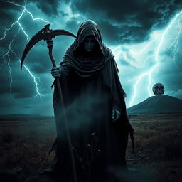 A dramatic and atmospheric depiction of Death, personified as a cloaked figure holding a scythe, standing in a desolate landscape under a stormy sky