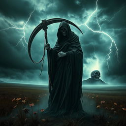 A dramatic and atmospheric depiction of Death, personified as a cloaked figure holding a scythe, standing in a desolate landscape under a stormy sky