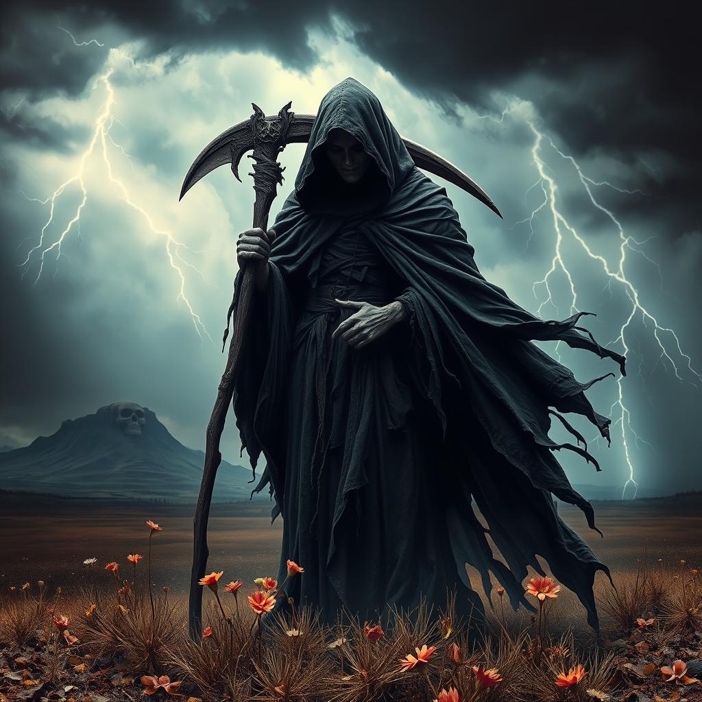 A dramatic and atmospheric depiction of Death, personified as a cloaked figure holding a scythe, standing in a desolate landscape under a stormy sky