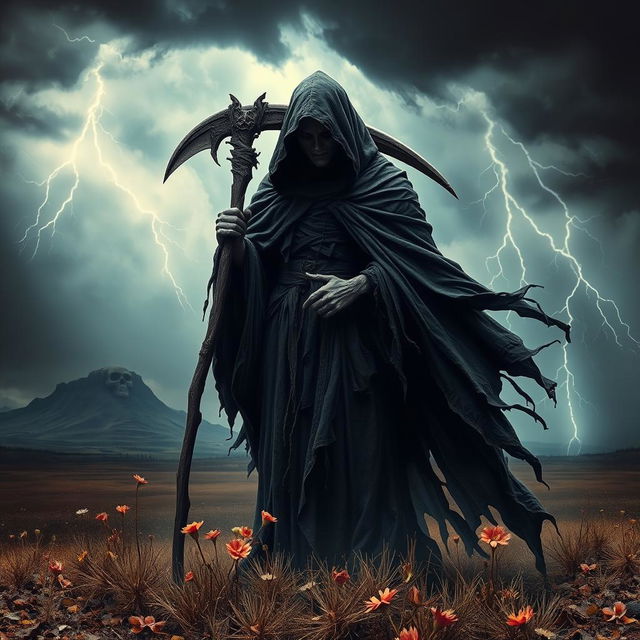 A dramatic and atmospheric depiction of Death, personified as a cloaked figure holding a scythe, standing in a desolate landscape under a stormy sky