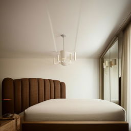 A cozy bedroom design featuring a towering headboard reaching the ceiling, a side bedside shelf with an elegant mirror backdrop, and a soft light hanging strategically for illumination.