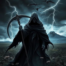 A dramatic and atmospheric depiction of Death, personified as a cloaked figure holding a scythe, standing in a desolate landscape under a stormy sky