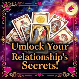 A vibrant and eye-catching YouTube thumbnail featuring a mystical and enchanting tarot card spread that prominently showcases cards related to love and relationships, such as The Lovers and The Two of Cups