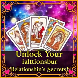 A vibrant and eye-catching YouTube thumbnail featuring a mystical and enchanting tarot card spread that prominently showcases cards related to love and relationships, such as The Lovers and The Two of Cups