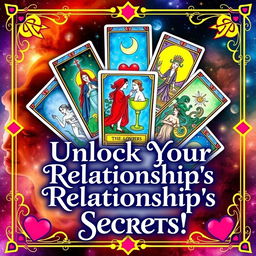 A vibrant and eye-catching YouTube thumbnail featuring a mystical and enchanting tarot card spread that prominently showcases cards related to love and relationships, such as The Lovers and The Two of Cups