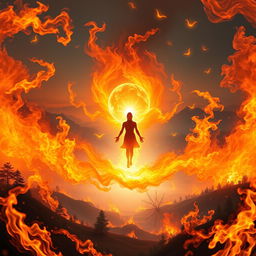 A mystical scene of rebirth surrounded by vibrant flames and swirling fire