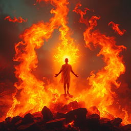 A mystical scene of rebirth surrounded by vibrant flames and swirling fire
