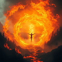 A mystical scene of rebirth surrounded by vibrant flames and swirling fire