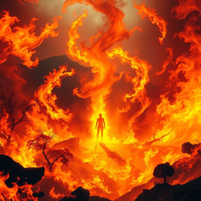 A mystical scene of rebirth surrounded by vibrant flames and swirling fire