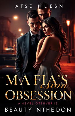 A striking and dramatic novel cover for 'Mafia’s Obsession: Beauty and the Don', featuring a powerful scene that combines romance, danger, and suspense