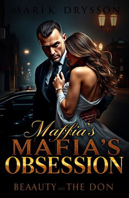 A striking and dramatic novel cover for 'Mafia’s Obsession: Beauty and the Don', featuring a powerful scene that combines romance, danger, and suspense