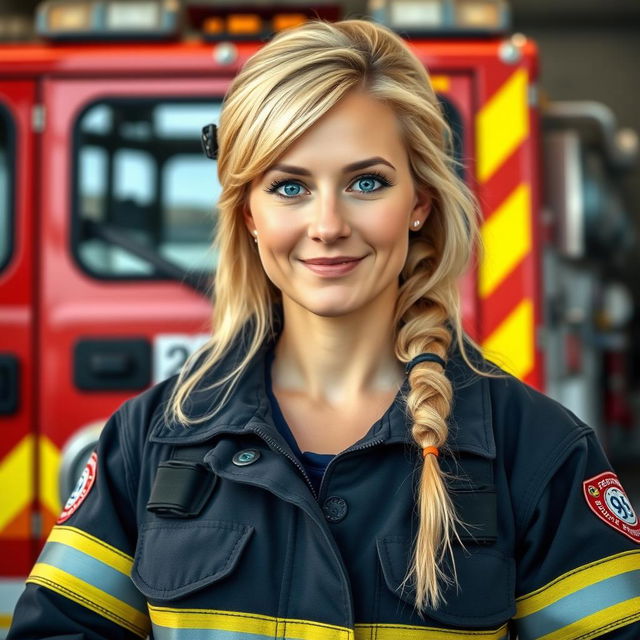 A 39-year-old woman with Scandinavian features, showcasing her light blonde hair and bright blue eyes, proudly dressed in firefighter gear