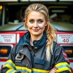 A 39-year-old woman with Scandinavian features, showcasing her light blonde hair and bright blue eyes, proudly dressed in firefighter gear
