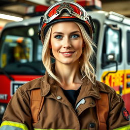 A 39-year-old woman with Scandinavian features, showcasing her light blonde hair and bright blue eyes, proudly dressed in firefighter gear