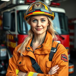A 39-year-old woman with Scandinavian features, showcasing her light blonde hair and bright blue eyes, proudly dressed in firefighter gear