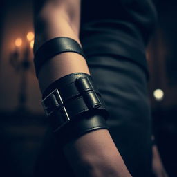 A close-up, artistic view of a stylish armbinder used in a modern fashion context
