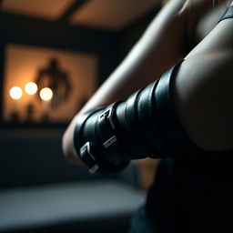 A close-up, artistic view of a stylish armbinder used in a modern fashion context