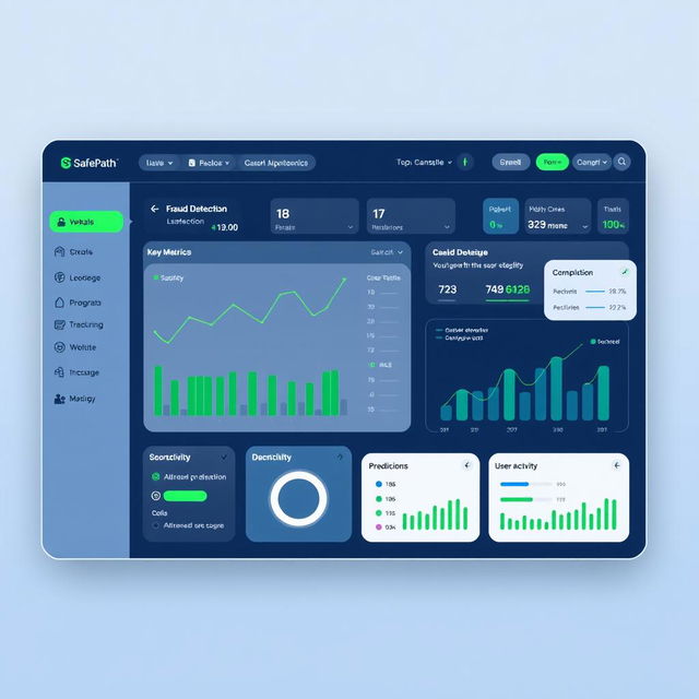 A sleek, modern, and advanced Graphical User Interface (GUI) for a fraud detection and prevention software called 'SafePath'