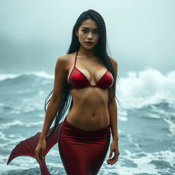 A sexy, thin, full body view of a 21-year-old Thai mermaid girl with big cleavage, elegantly posing in front of a misty, mystic stormy sea